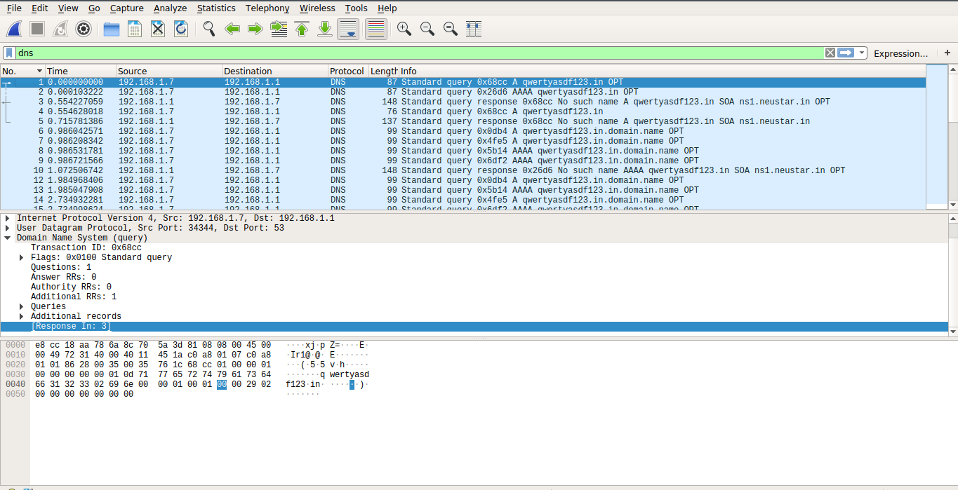DNS packets captured in Wireshark